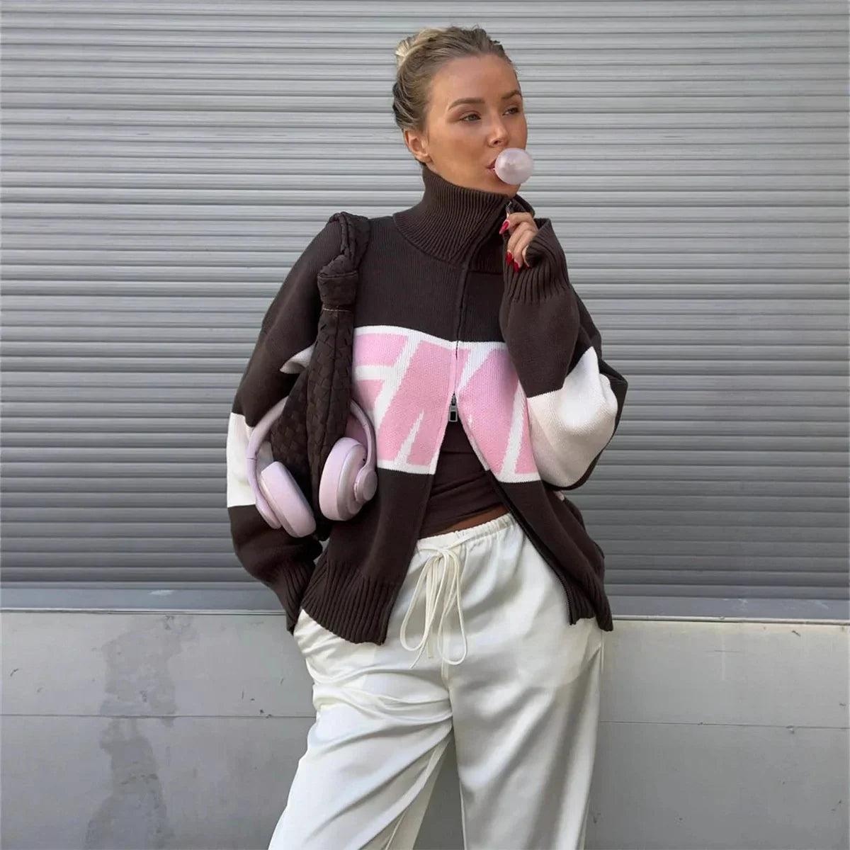 Y2K Women's Knitted Zipper Cardigan with Butterfly Collar