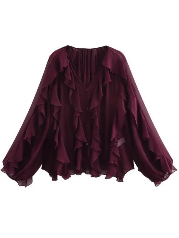 Elegant Women's V-neck Chiffon Blouse with Ruffles