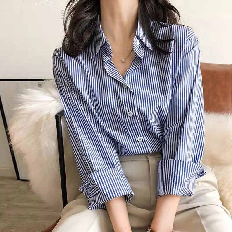 Striped Casual Blouse for Women - Long Sleeve Polyester