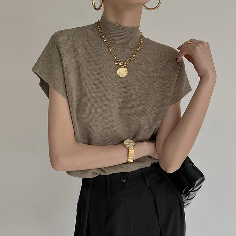 Solid Knitted Vest Shirt for Women - Elegant Casual Top
