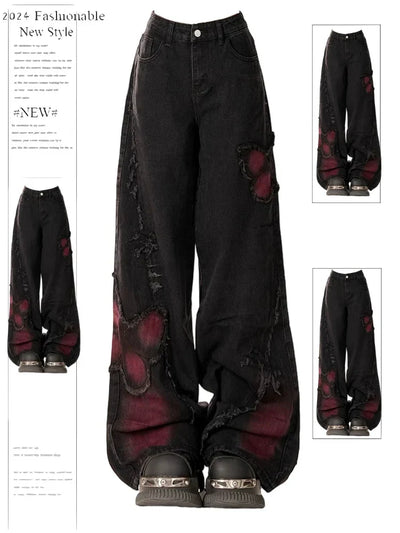Women's Vintage Baggy Butterfly Jeans in Black
