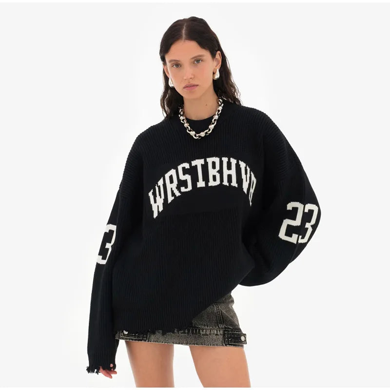 Oversized Letter Jacquard Knit Pullover for Women