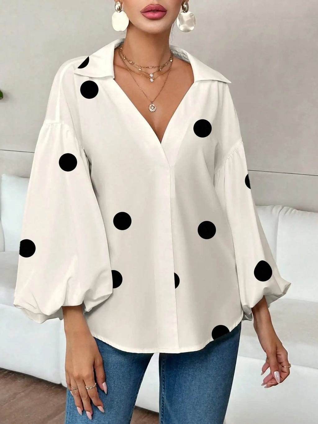 Polka Dot V-Neck Blouse with Lantern Sleeves for Women