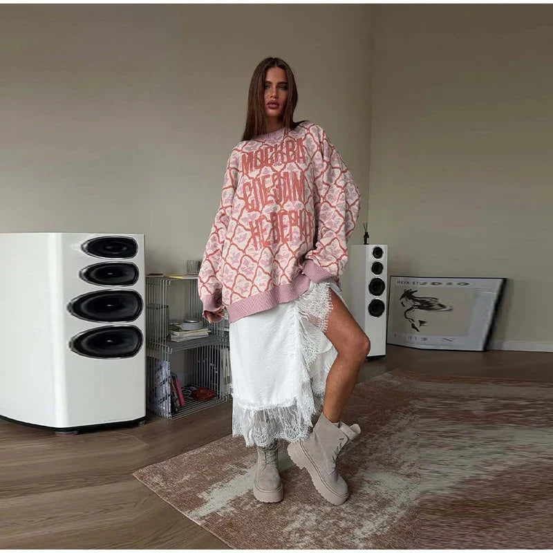 Oversized Letter Jacquard Knit Pullover for Women