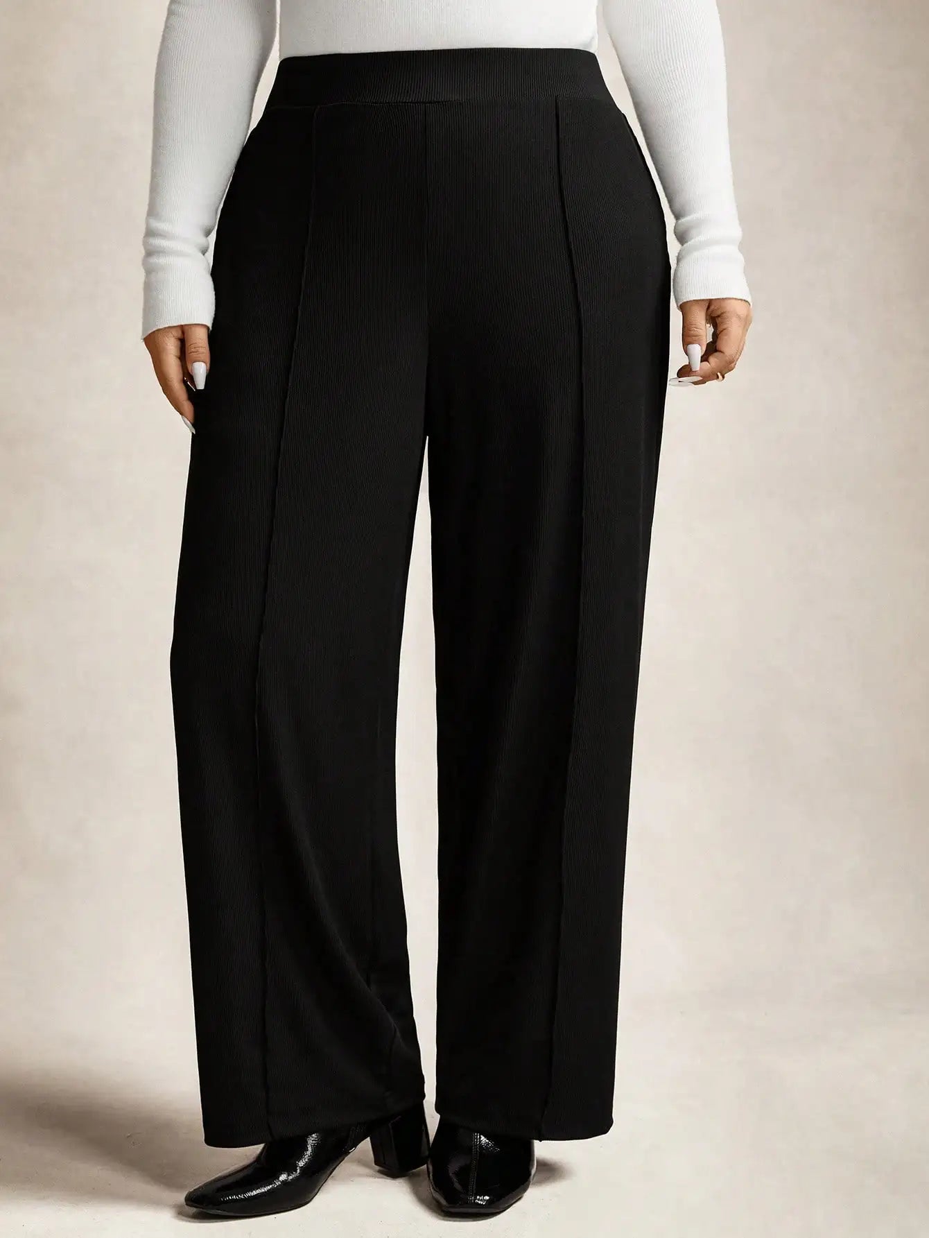 High Waisted Pleated Wide Leg Pants for Women - Black