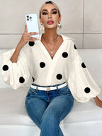 Polka Dot V-Neck Blouse with Lantern Sleeves for Women