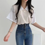 Color Block Polo Collar Top for Women - Casual Chiffon Tee