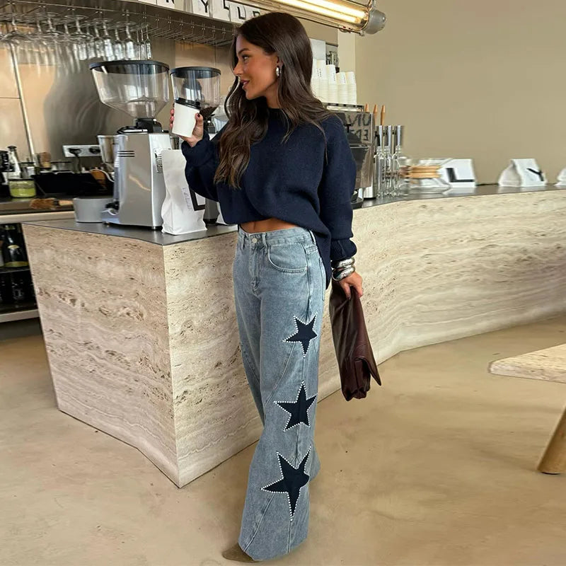 Blue High Waist Wide Leg Jeans for Women