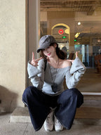 Cropped Off Shoulder Knitted Pullover for Women