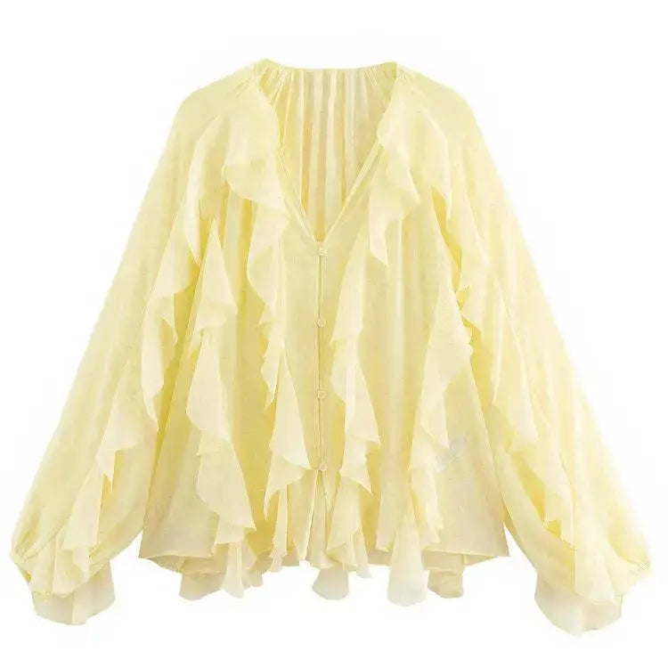 Elegant Women's V-neck Chiffon Blouse with Ruffles