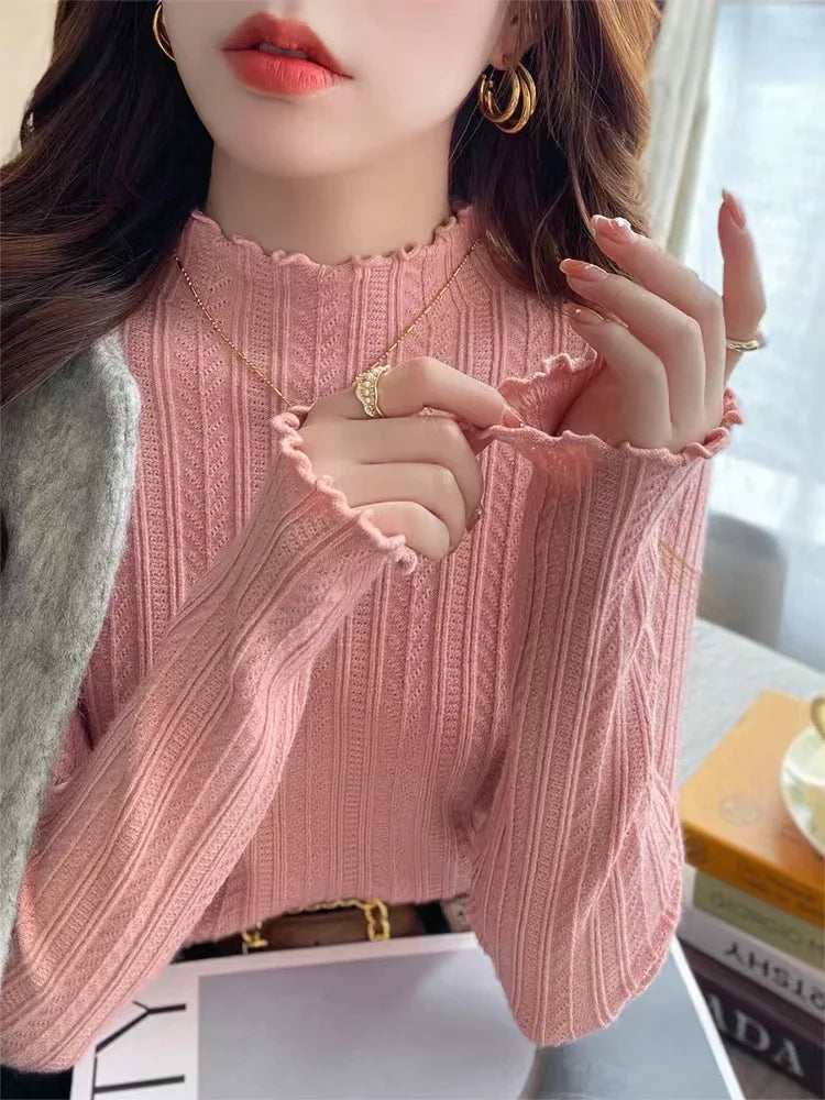 Women's Ruffled Pullover Sweater - Autumn Knitted Top
