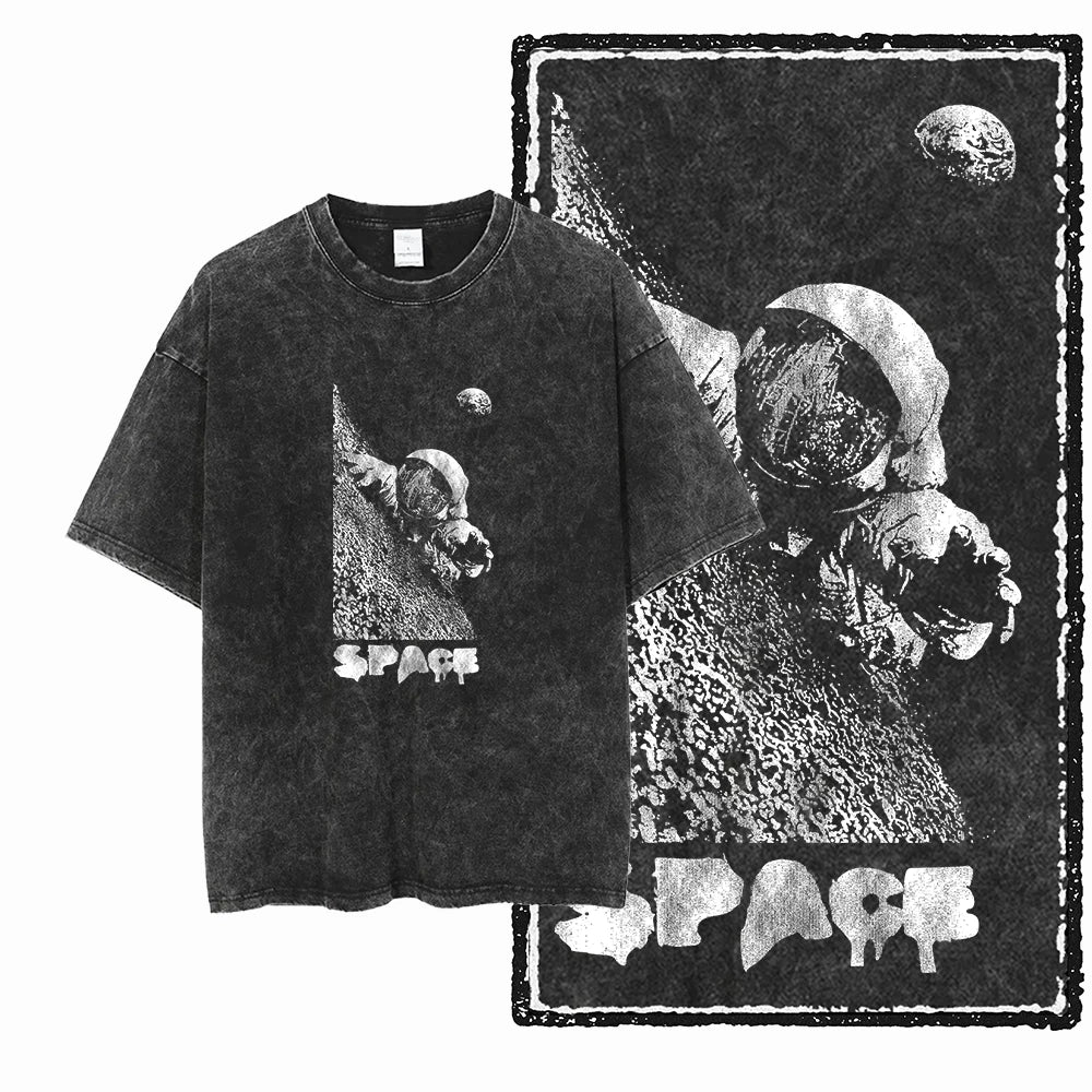 Printed Cotton Acid Washed Astronaut T-Shirt for Men