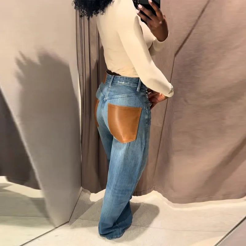 Blue High Waist Wide Leg Jeans for Women