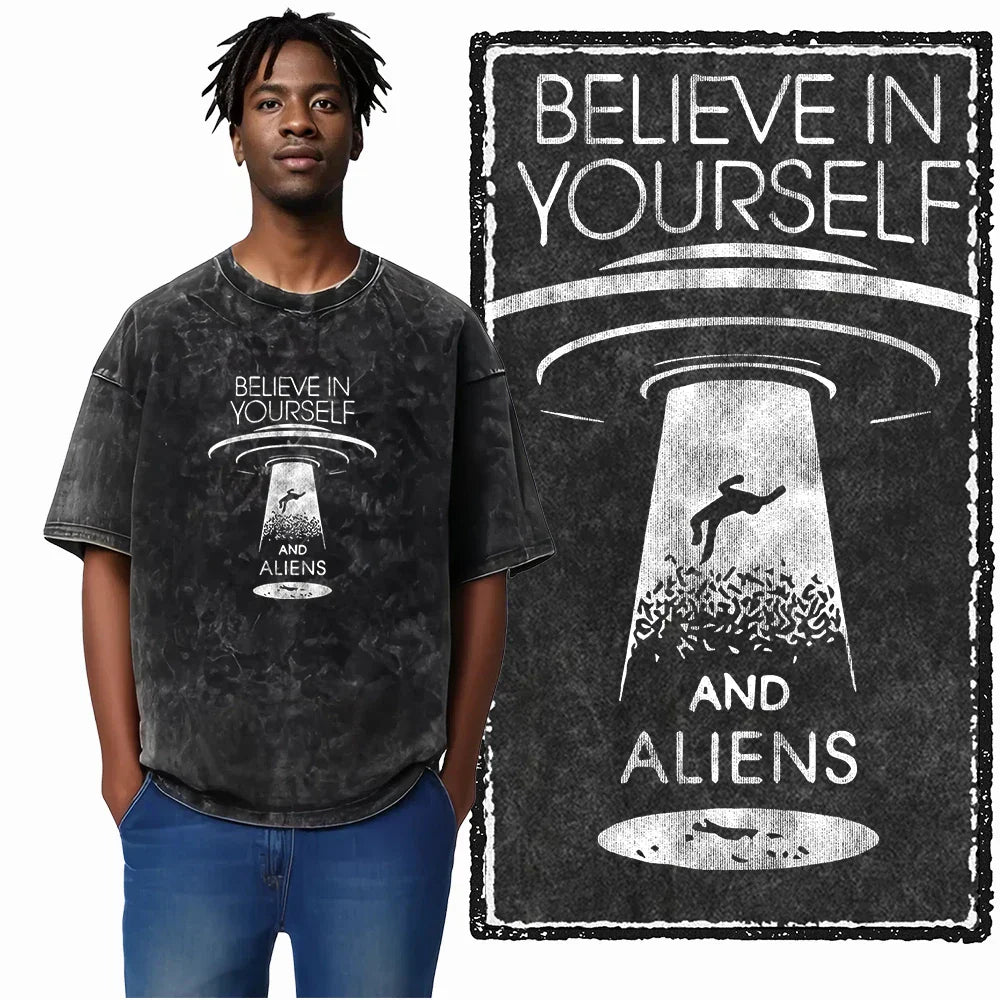 Printed Cotton Acid Washed Astronaut T-Shirt for Men