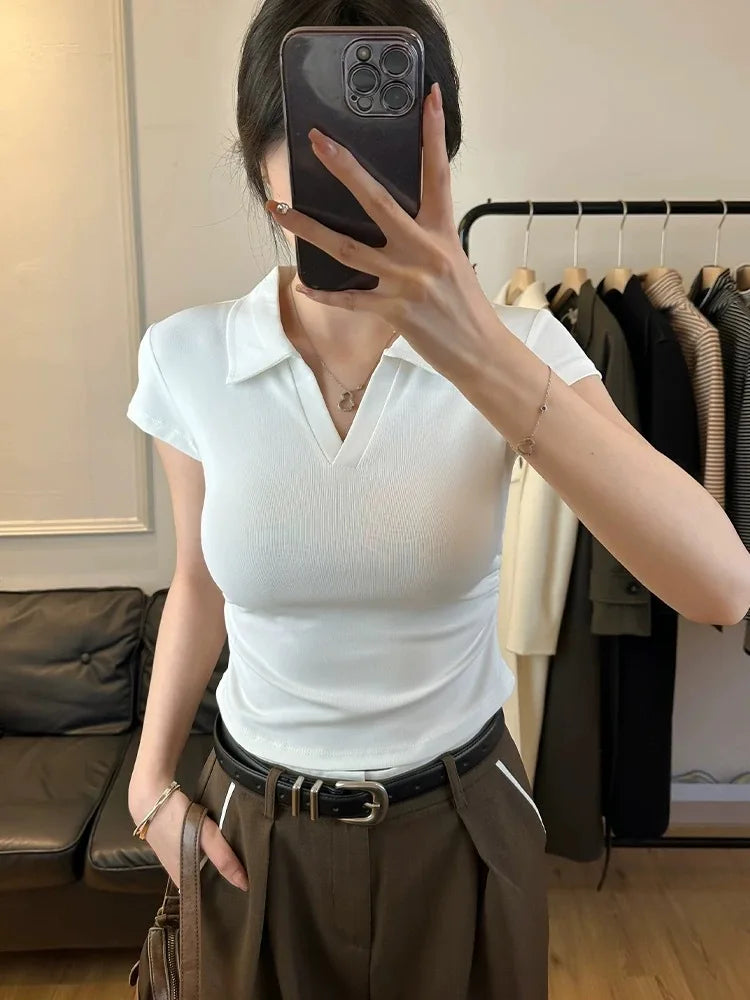 Cotton Summer Women's Slim Crop Polo T-Shirt