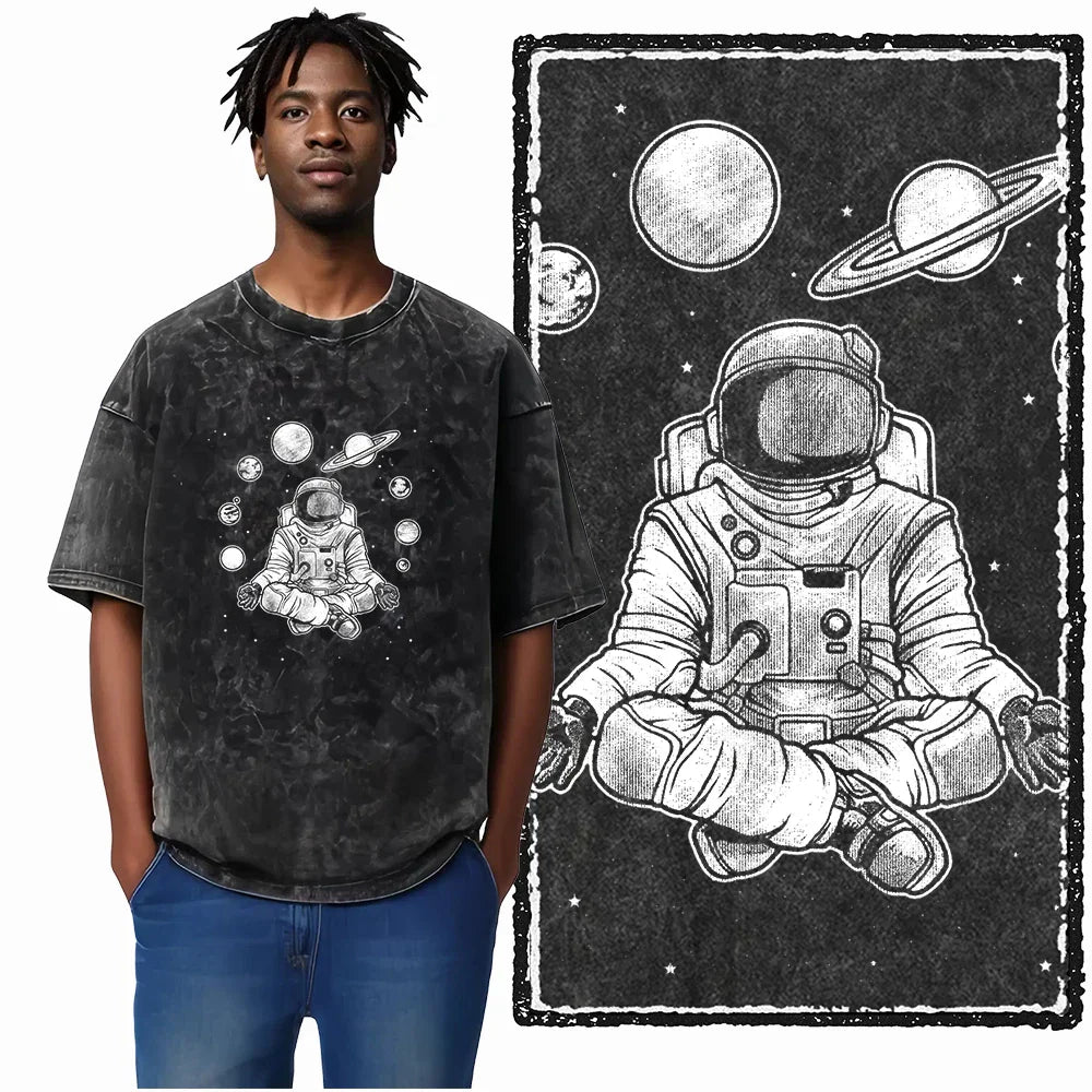 Printed Cotton Acid Washed Astronaut T-Shirt for Men