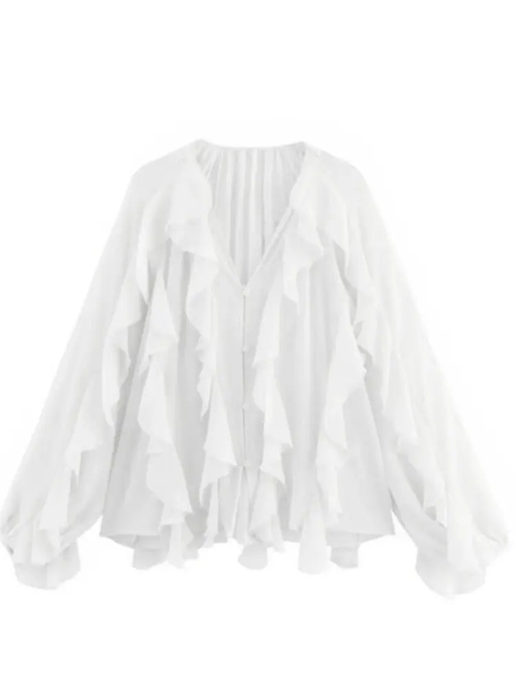 Elegant Women's V-neck Chiffon Blouse with Ruffles