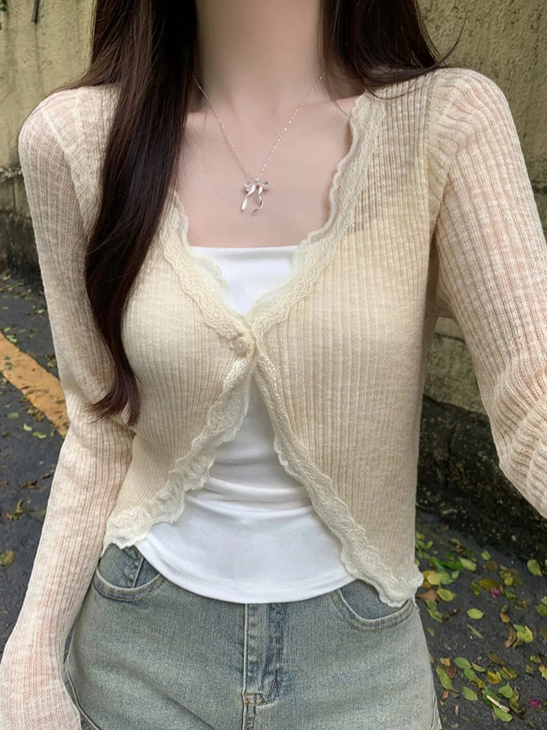 Ribbed Knit Lace Trim Crop Top for Women