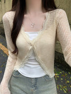 Ribbed Knit Lace Trim Crop Top for Women