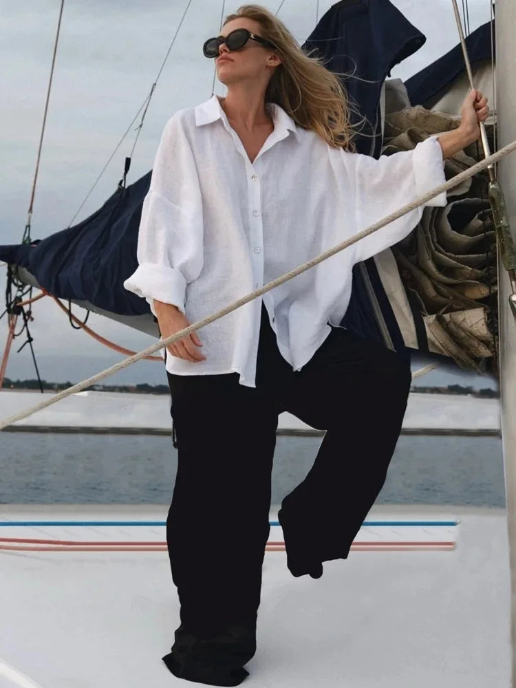 We.Fine Women's Cotton Long Sleeve Ruffled Blouse