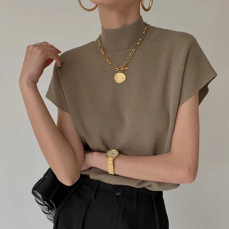 Mock Neck Solid Knit Vest for Office Ladies