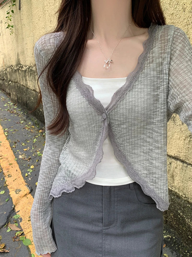 Ribbed Knit Lace Trim Crop Top for Women