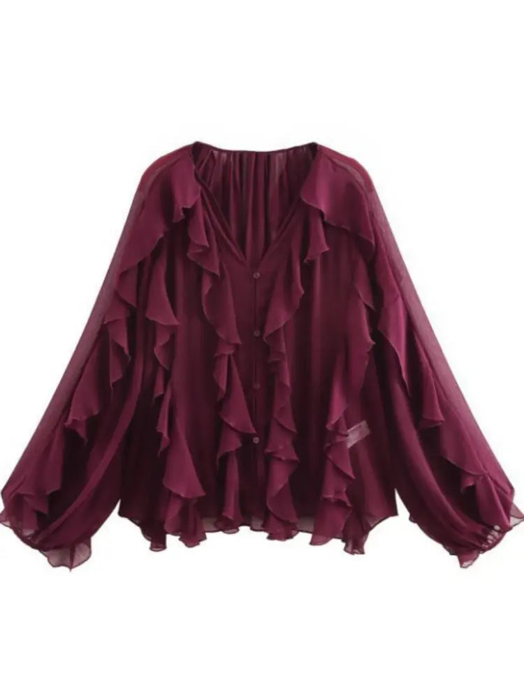Elegant Women's V-neck Chiffon Blouse with Ruffles