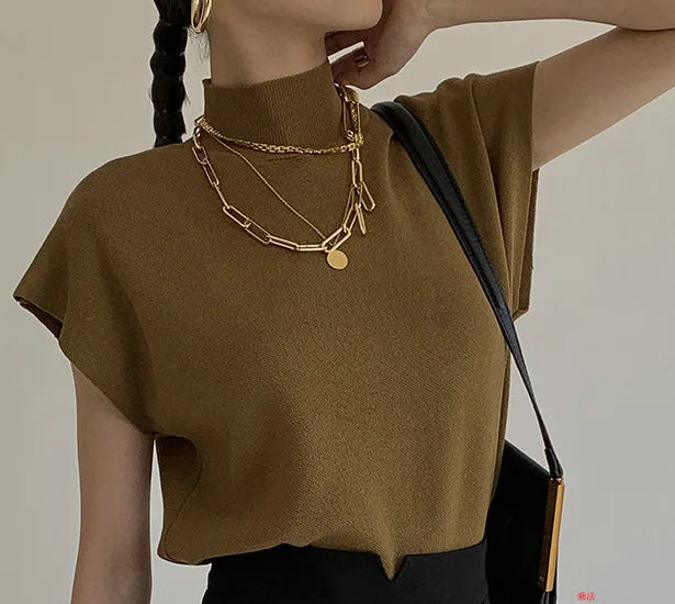 Mock Neck Solid Knit Vest for Office Ladies