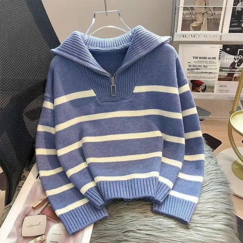 Women’s Zipper Striped Pullover Sweater - MEKG