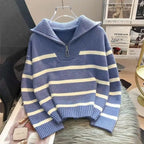 Women’s Zipper Striped Pullover Sweater - MEKG