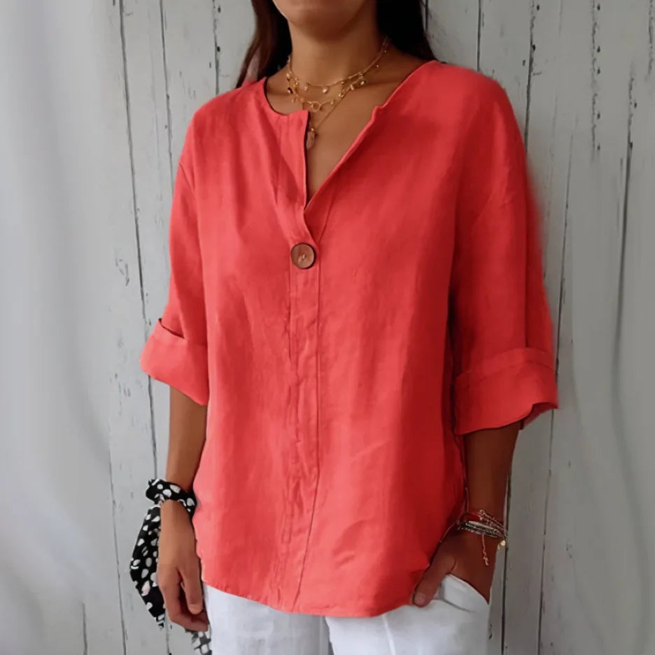 VEITCHE Women's V-Neck Cotton Linen Casual Blouse