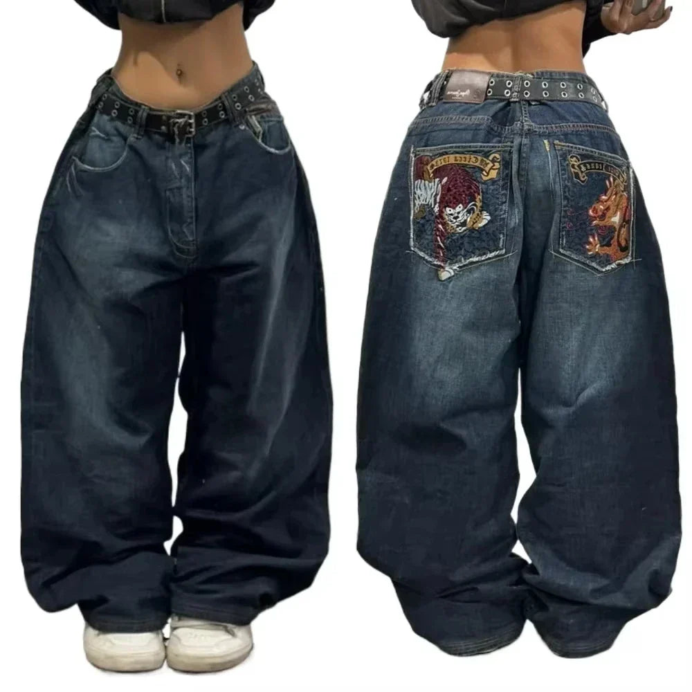 Geometric Pattern Embroidered Wide-leg Jeans for Women