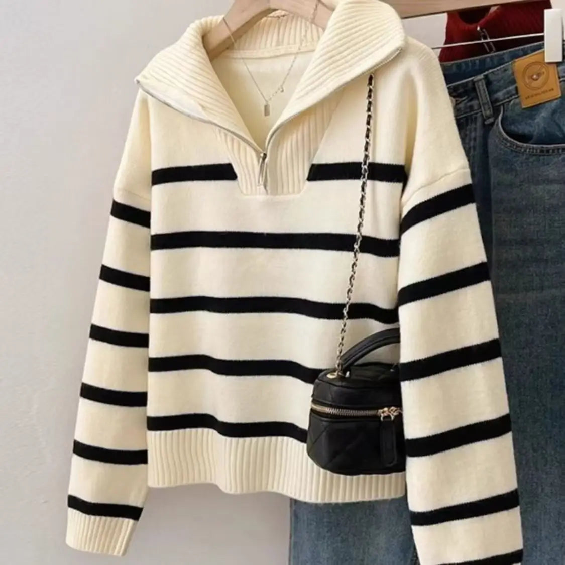 Women’s Zipper Striped Pullover Sweater - MEKG