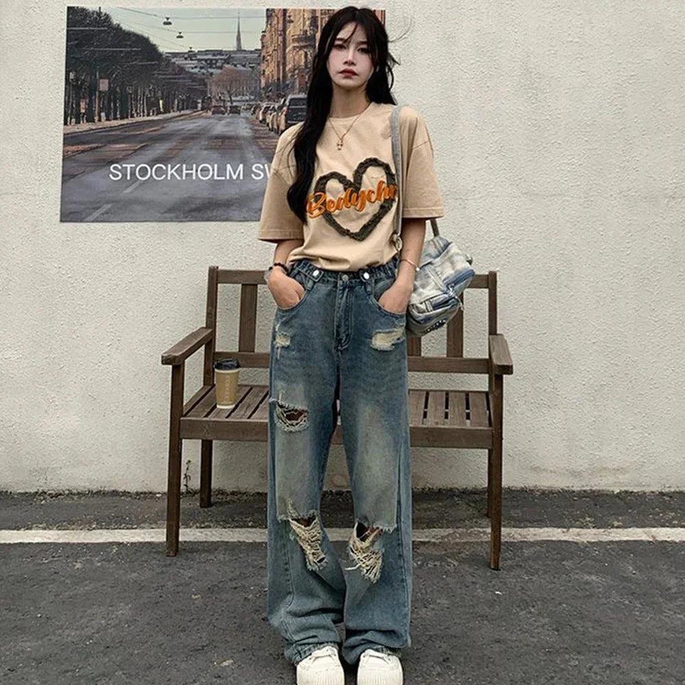 High Waist American Retro Hole-punched Jeans for Women