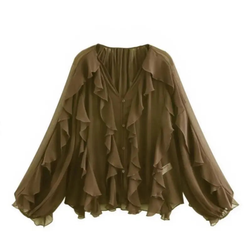 Elegant Women's V-neck Chiffon Blouse with Ruffles