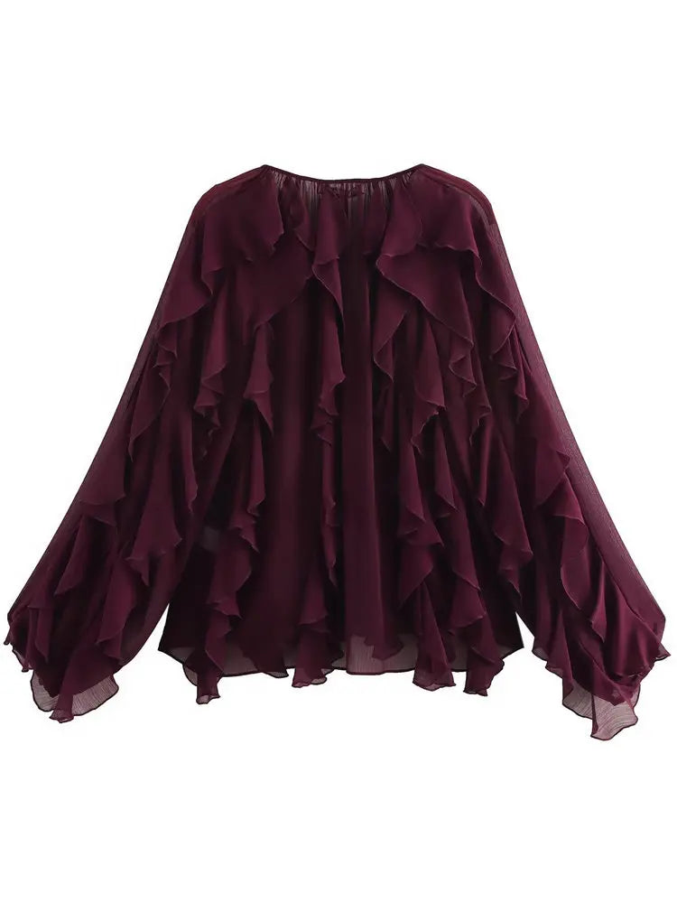 Elegant Women's V-neck Chiffon Blouse with Ruffles