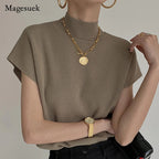Mock Neck Solid Knit Vest for Office Ladies