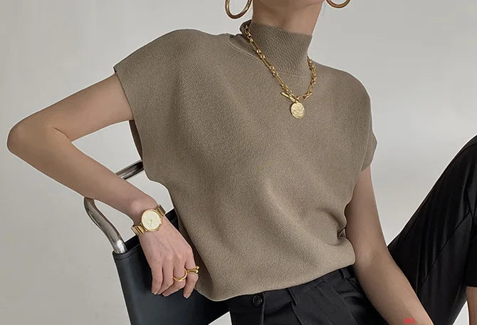 Mock Neck Solid Knit Vest for Office Ladies