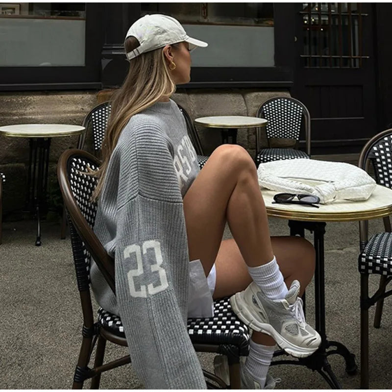 Oversized Letter Jacquard Knit Pullover for Women