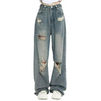 High Waist American Retro Hole-punched Jeans for Women