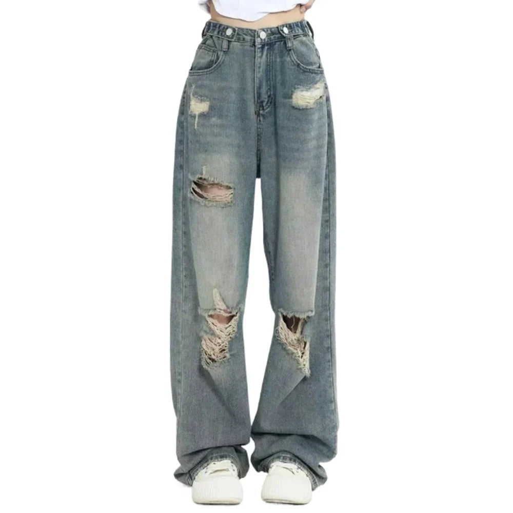 High Waist American Retro Hole-punched Jeans for Women