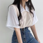 Color Block Polo Collar Top for Women - Casual Chiffon Tee