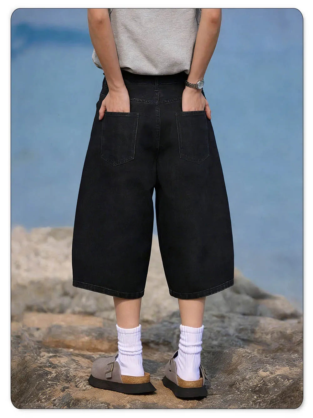 Baggy Wide Leg Black Denim Shorts for Spring and Summer
