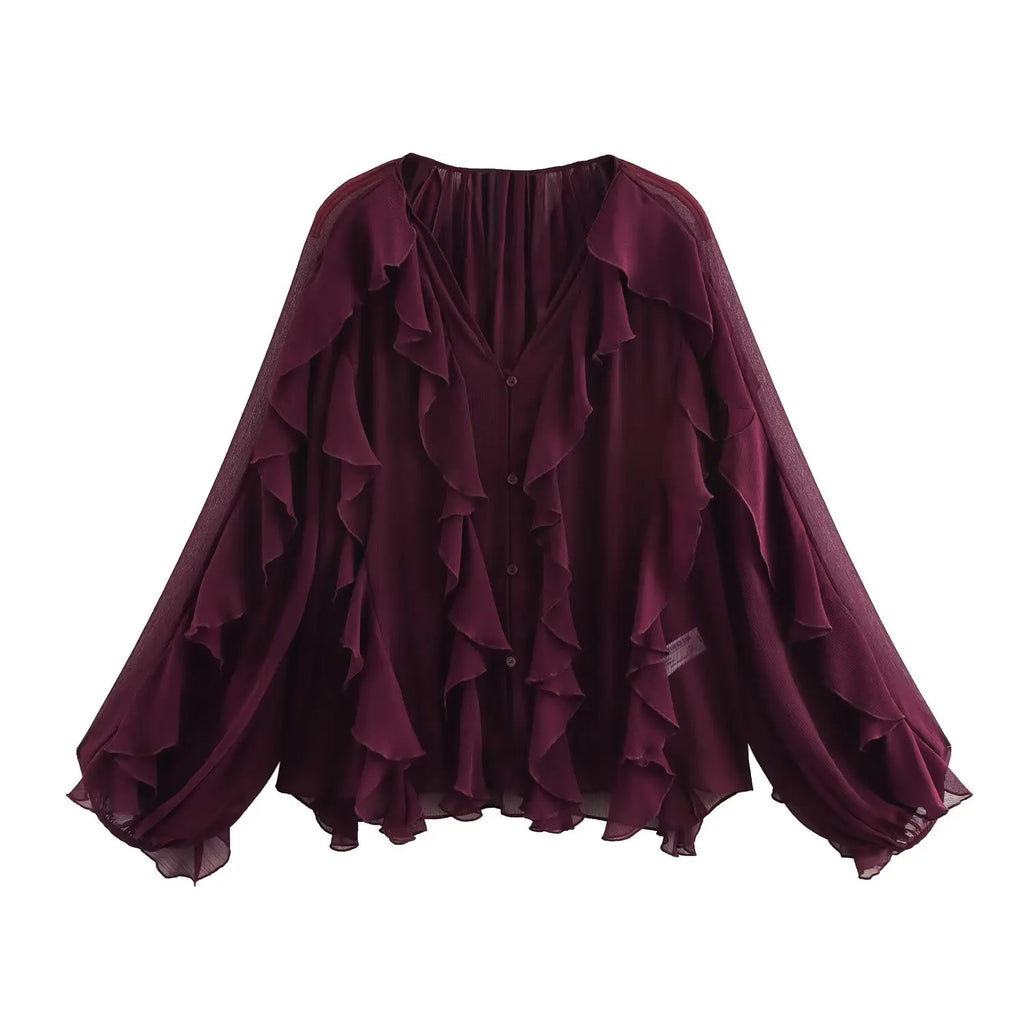 Elegant Women's V-neck Chiffon Blouse with Ruffles