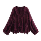 Elegant Women's V-neck Chiffon Blouse with Ruffles