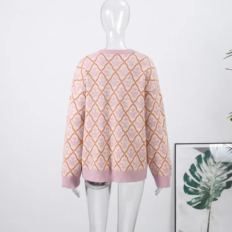 Oversized Letter Jacquard Knit Pullover for Women