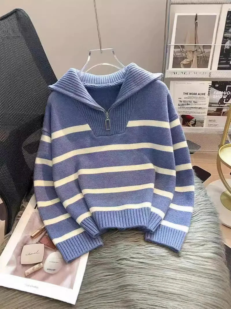 Women’s Zipper Striped Pullover Sweater - MEKG