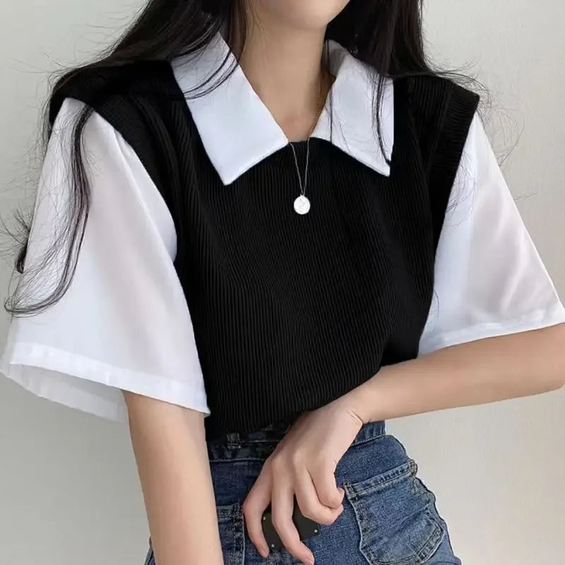 Color Block Polo Collar Top for Women - Casual Chiffon Tee