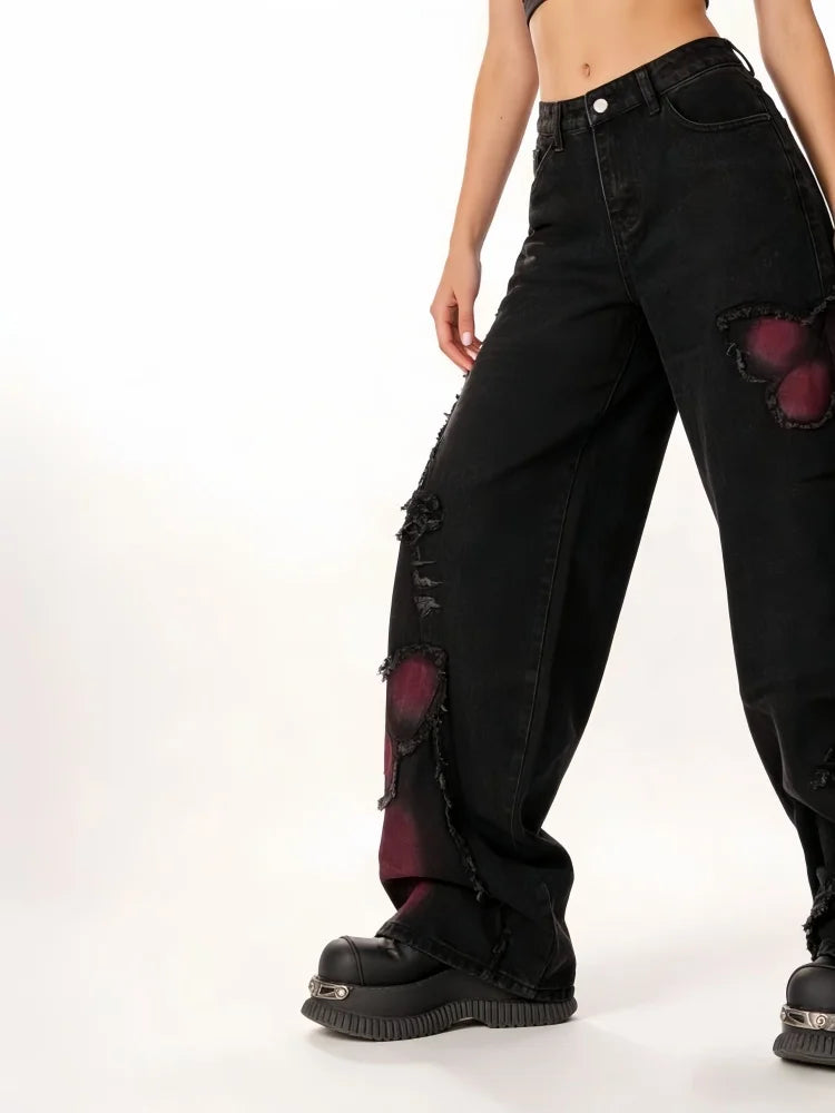 Women's Vintage Baggy Butterfly Jeans in Black