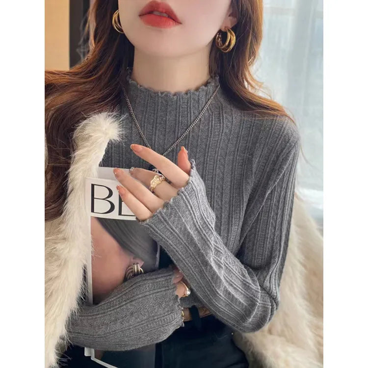 Women's Ruffled Pullover Sweater - Autumn Knitted Top